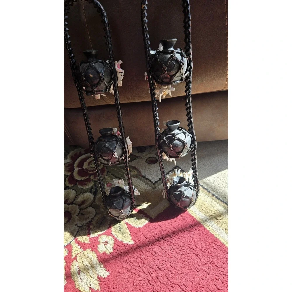 Vintage Asian Hanging Wall Vases – Pair Floral Ceramic & Woven Rope Décor – 20
